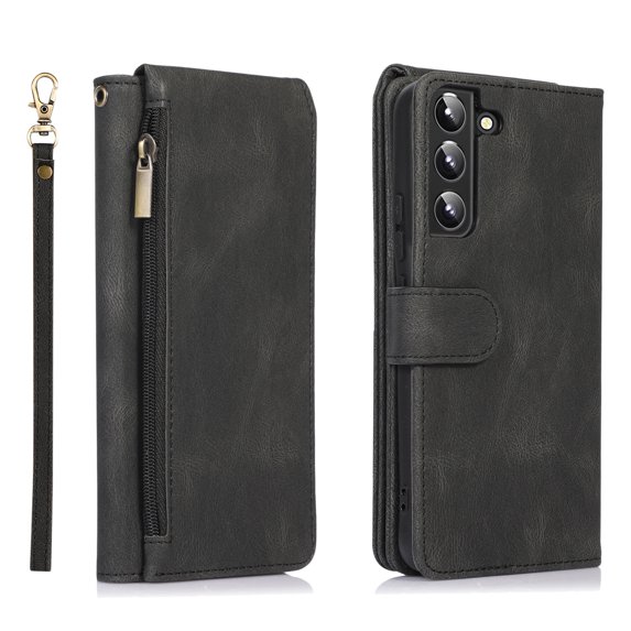 SaniMore Samsung Galaxy S23 Case (6.1" 2023) with Zipper Wallet & Wrist Strap & Magnetic Closure Card Slots Kickstand Slim Full-around Protective Business Cover for Samsung Galaxy S23, Black
