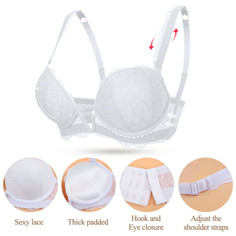 YANDW Women Bra Lace Embroidery Hollow Front Closure Nude Sexy Push Up  Padded Bras Y-line