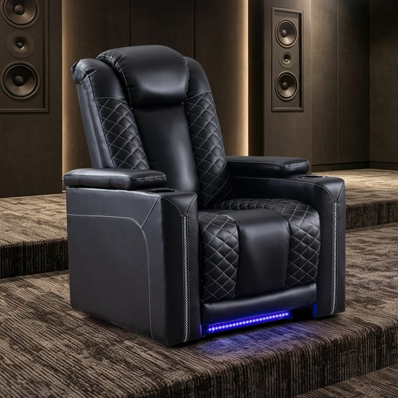 Ebello 35" Wide Power Recliner Chair, Breathable Faux Leather Home Theater Reclining Chair with LED Strip, Armrest Storage & USB Ports, Black