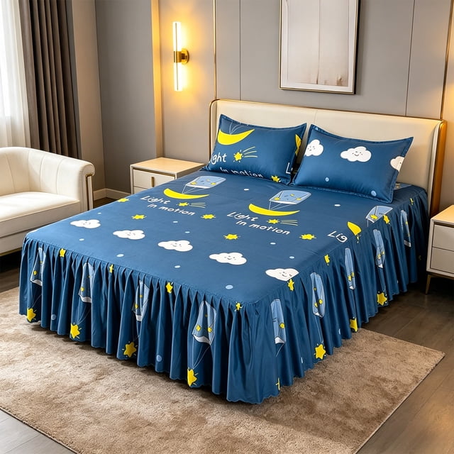 Linnome Ruffled Bed Skirt with Pillowcases 3 Piece Set Elastic Bed Sheet Bed Cover for Bedroom Decor Machine Washable