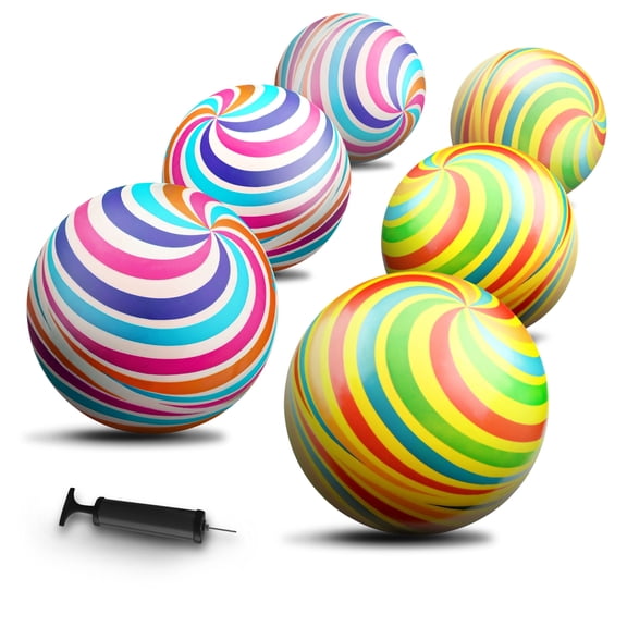 New Bounce Bouncy Balls for Kids – 8.5” Rainbow Swirl Playground Balls, Set of 6 Balls with Pump, Fun Play Ball Set