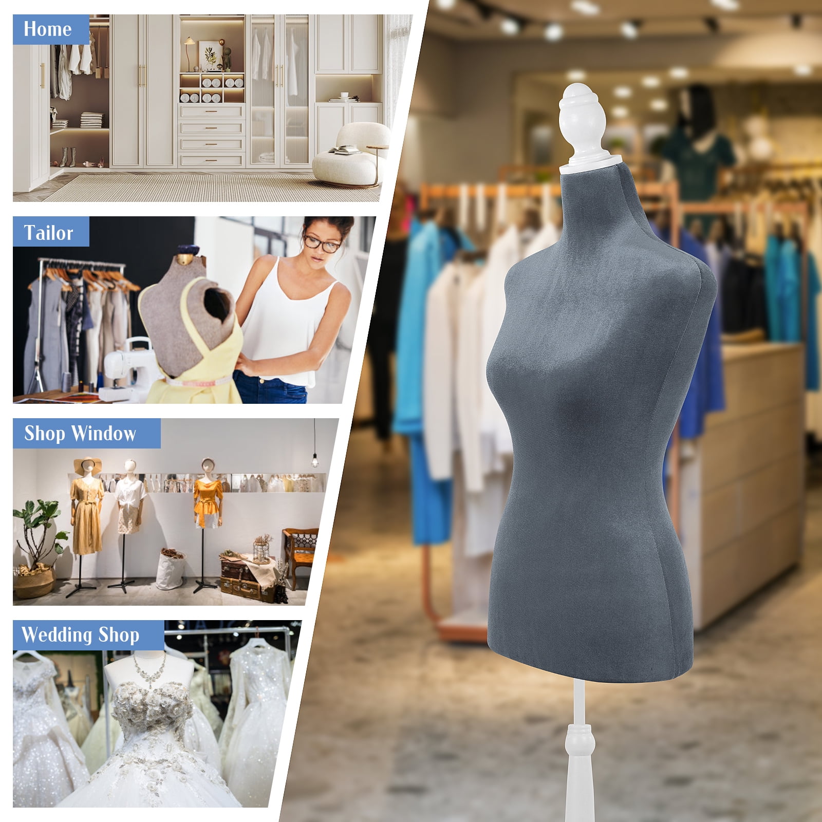 Dkelincs Female Mannequin Torso with Wooden Tripod Stand Adjustable Dress Form for Dress Jewelry Display, Grey