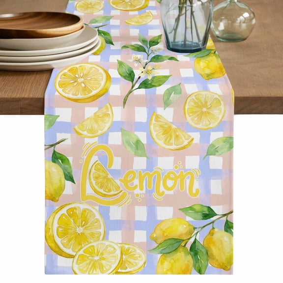 Watercolor Lemons Table Runner 60 Inches, Summer Purple Pink Buffalo Plaid Bed Runner Dresser Scarves Tabletop for Indoor Outdoor Parties/Ceremony/Banquet, 13" x 60"