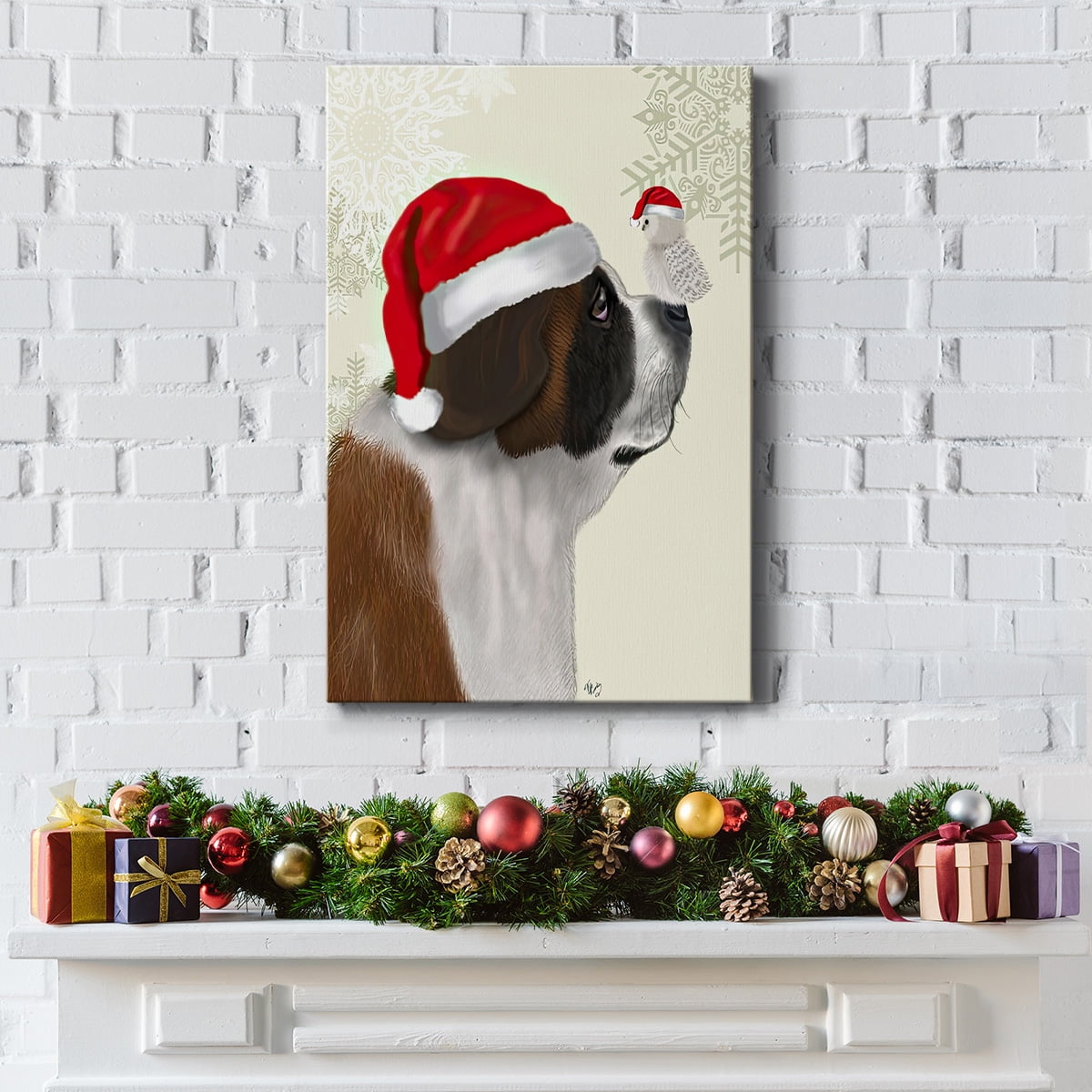 Christmas St Bernard and Fluffy Owl- Gallery Wrapped Canvas
