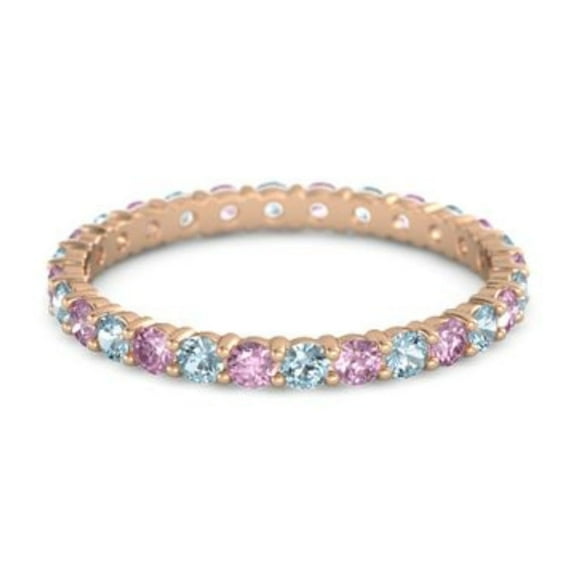 Round Eternity Band Aquamarine Pink Spinel 925 Sterling Silver Rose Plated Ring