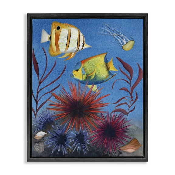 Stupell Industries Seafaring Fish & Urchins Animals Painting Black Floater Framed Canvas Art Print Wall Art, 17 x 21