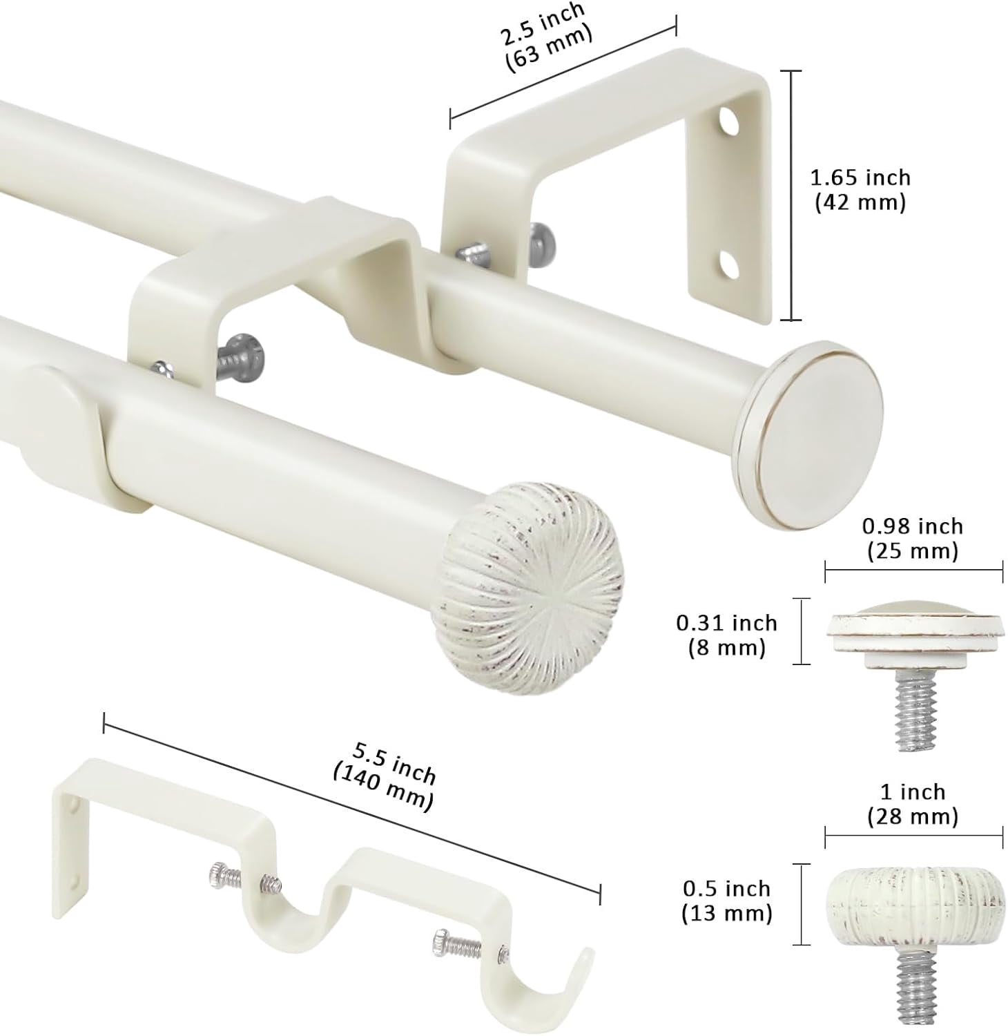 eTeckram 5/8" Double Curtain Rod with Adette Finials,Weathered White,28‘’-48‘’