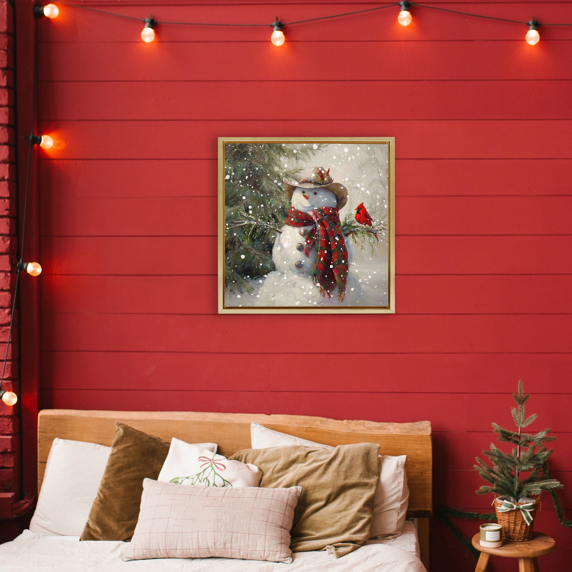 Stupell Industries Cowboy Snowman & Cardinal Gold Framed Floater Canvas Wall Art, design by Tina LeCour