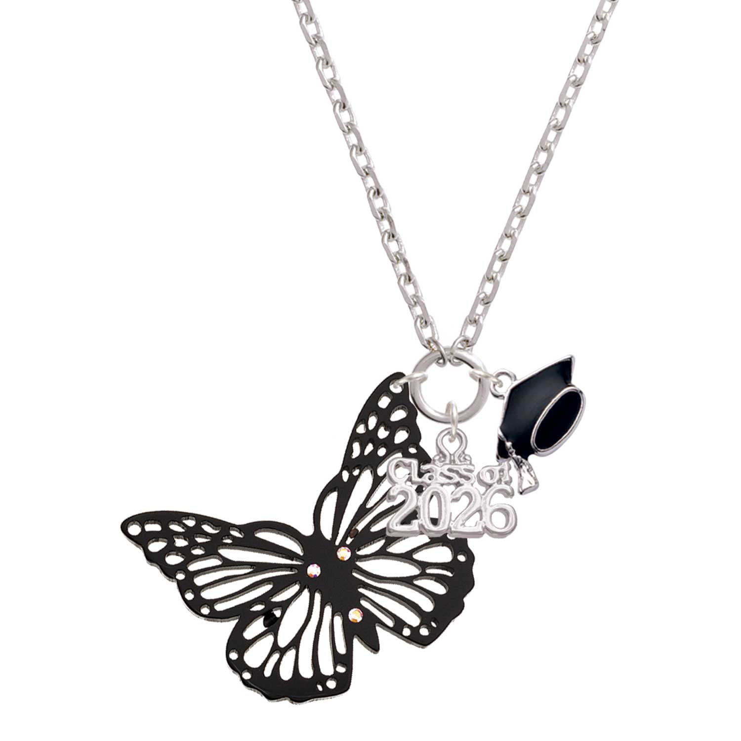 Delight Jewelry Acrylic Cut Out Butterfly Black - Silvertone Class of 2026 Graduation Zoey Charm Necklace, 28"