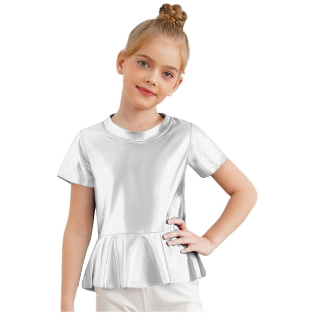 Moggemol Children Girls Festival Party Ruffle Crop Tops Shiny Metallic Layered Tee Jazz Hip Hop Silver 140