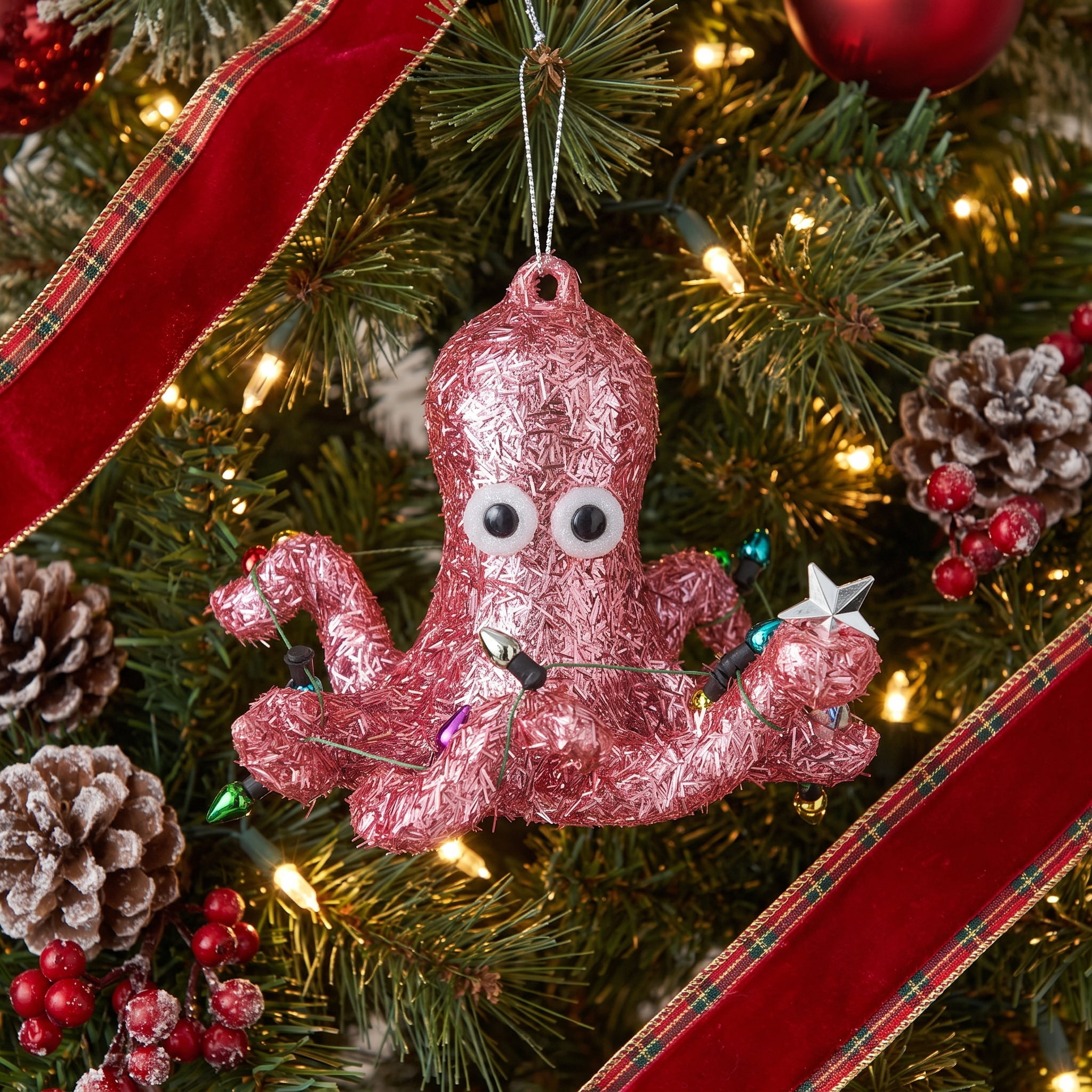 Pink Tinsel Octopus Christmas Ornament, 3", by Holiday Time