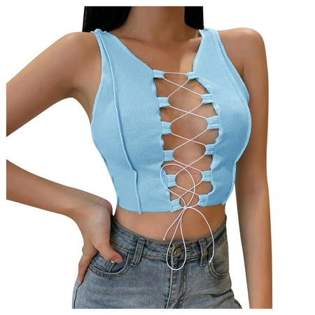

JDEFEG Athletic Tops Women Strap Stitching Fashion Shirt Hollow Vest Slim Womens Fit Vest T Blouse Women s Blouse Chain Back Bra Polyester Blue L
