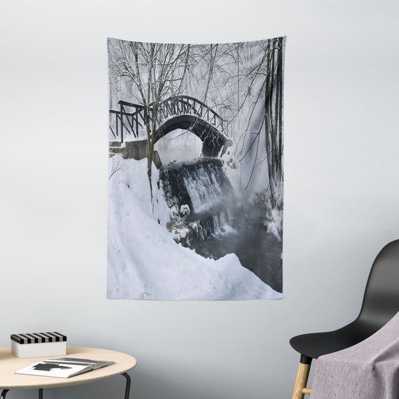 Winter Tapestry, Snow Season Photography Small Wooden Bridge over Very Cold River at Early Morning, Wall Hanging for Bedroom Living Room Dorm Decor, 40W X 60L Inches, White Brown, by Ambesonne