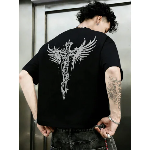 Gothic Winged Cross With Thorns Vintage Grunge Y2K Short Sleeves Crewneck Cotton Unisex Men's Women's Tee Shirt
