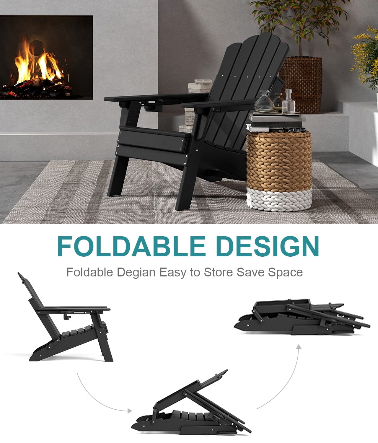 FOOWIN Adjustable Backrest Folding Adirondack Chair with Cup Holder, HDPE Weather Resistant Fire Pit Chair, Black