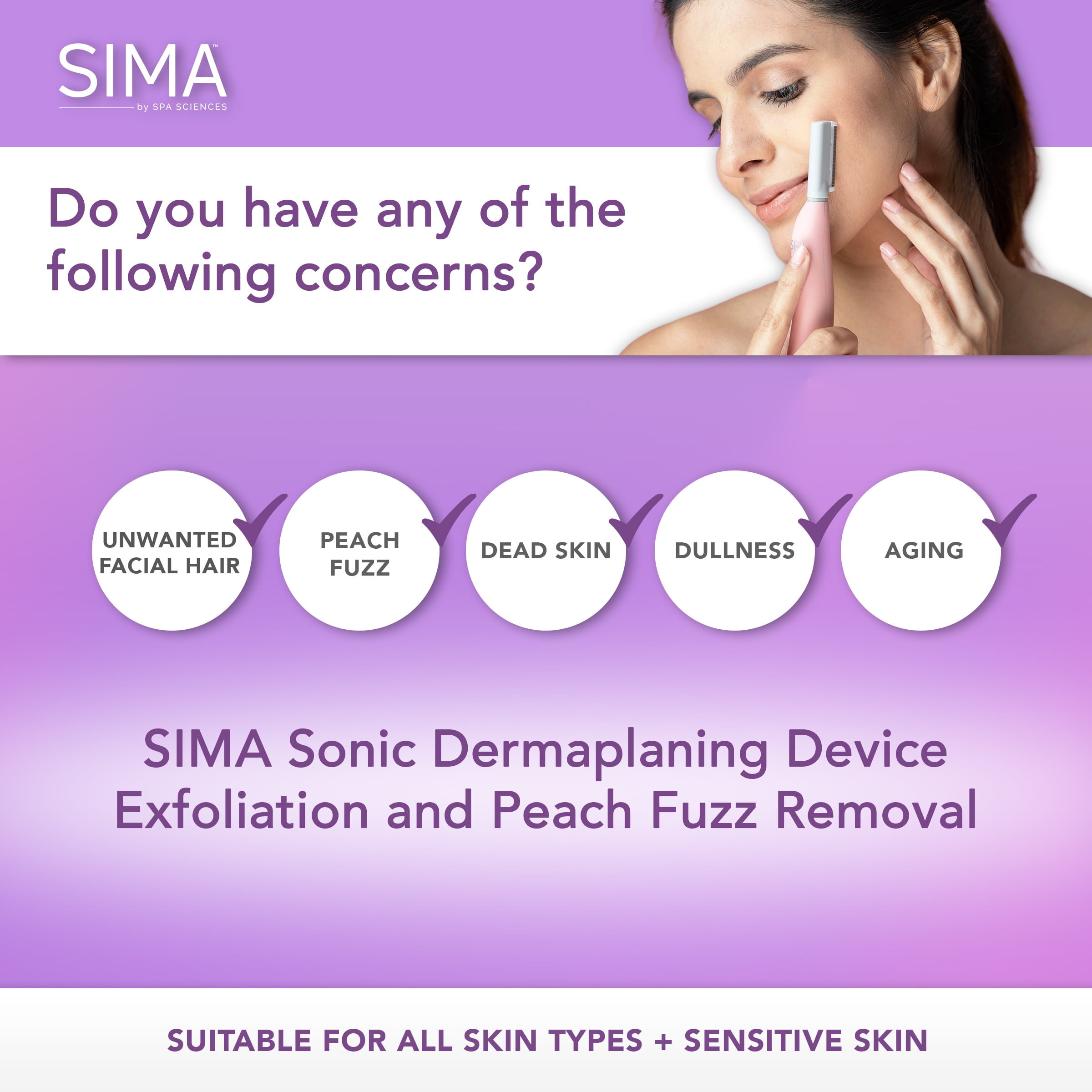 Spa Sciences SIMA Dermaplane Razor, 2 in 1 Exfoliation and Hair Removal, 3 Speed, Includes 7 Tips, Rechargeable, Pink, OS