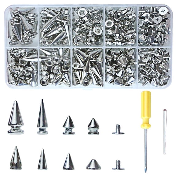 Rollbacks & More 354 PCS Punk Spikes and Studs Kit,8 Size Cone Spikes,Metal Tree for Leathercraft Style Clothing