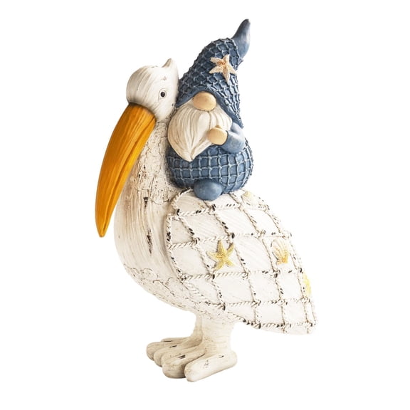 11.5in Resin Pelican Gnome Statue, Coastal Beach Bird Figurine Garden Decor