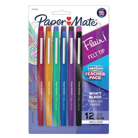 Paper Mate Flair Felt Tip Pens, Medium Point (0.7mm), Assorted Colors, 12 Count