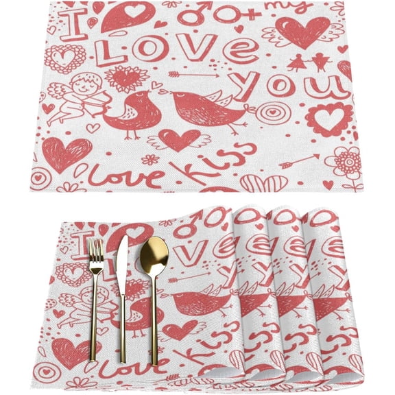 Valentine''s Day I Love Your Placemats Set of 6 Fabric Placemats Square Placemat for Kitchen Table Heat Resistant, Easy to Clean Table Placemats 12x18 Inch
