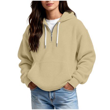 FAVIPT Women 1/4 Zip Pullover Sweatshirt Oversized Drawstring Waffle Knit Clothes Casual Long Sleeve Hooded Beige M