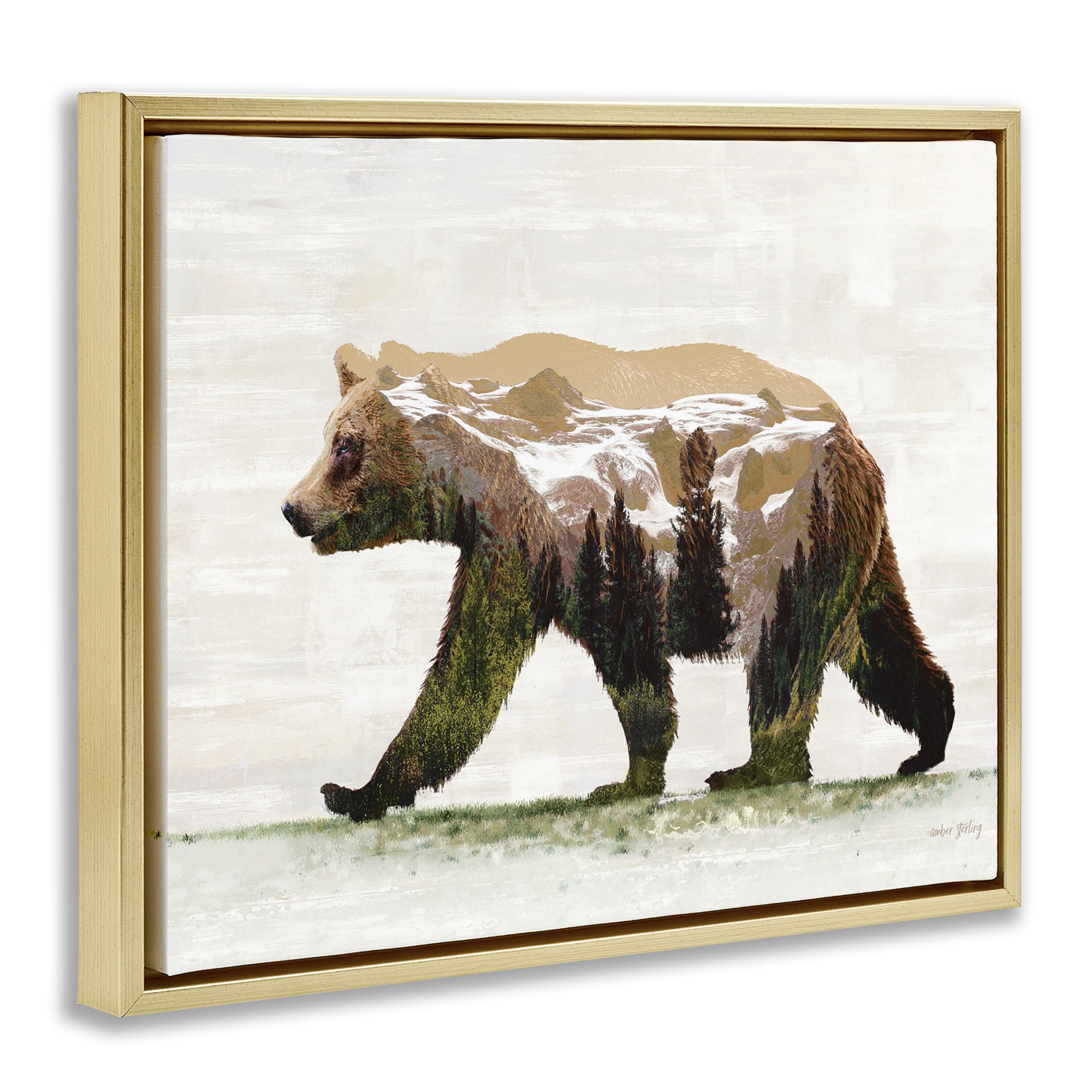Stupell Industries Woodland Pattern Bear Animals & Insects Painting Gold Floater Framed Art Print Wall Art, 21 x 17