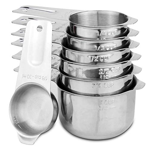 Set of 7 Heavy Duty Measuring Cups,18/8 Stainless Steel with Ring Connector,Silver