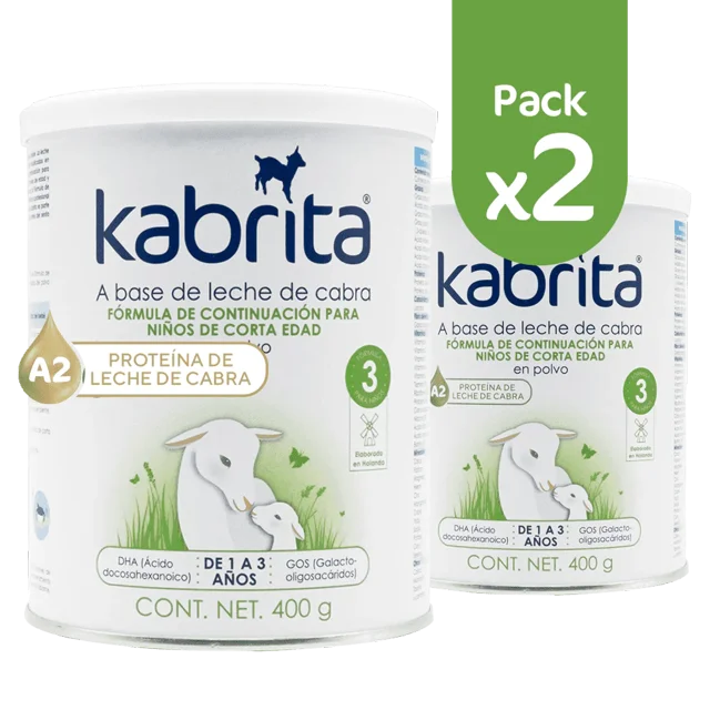 2 pack fórmula de continuación kabrita para niños etapa 3 Pack x2 — dos latas de 400 g de fórmula en polvo Kabrita para 1 a 3 años; envases blancos con logo Kabrita azul, leyenda "a base de leche de cabra", sello A2, número 3 e ilustración de cabra con su cría.