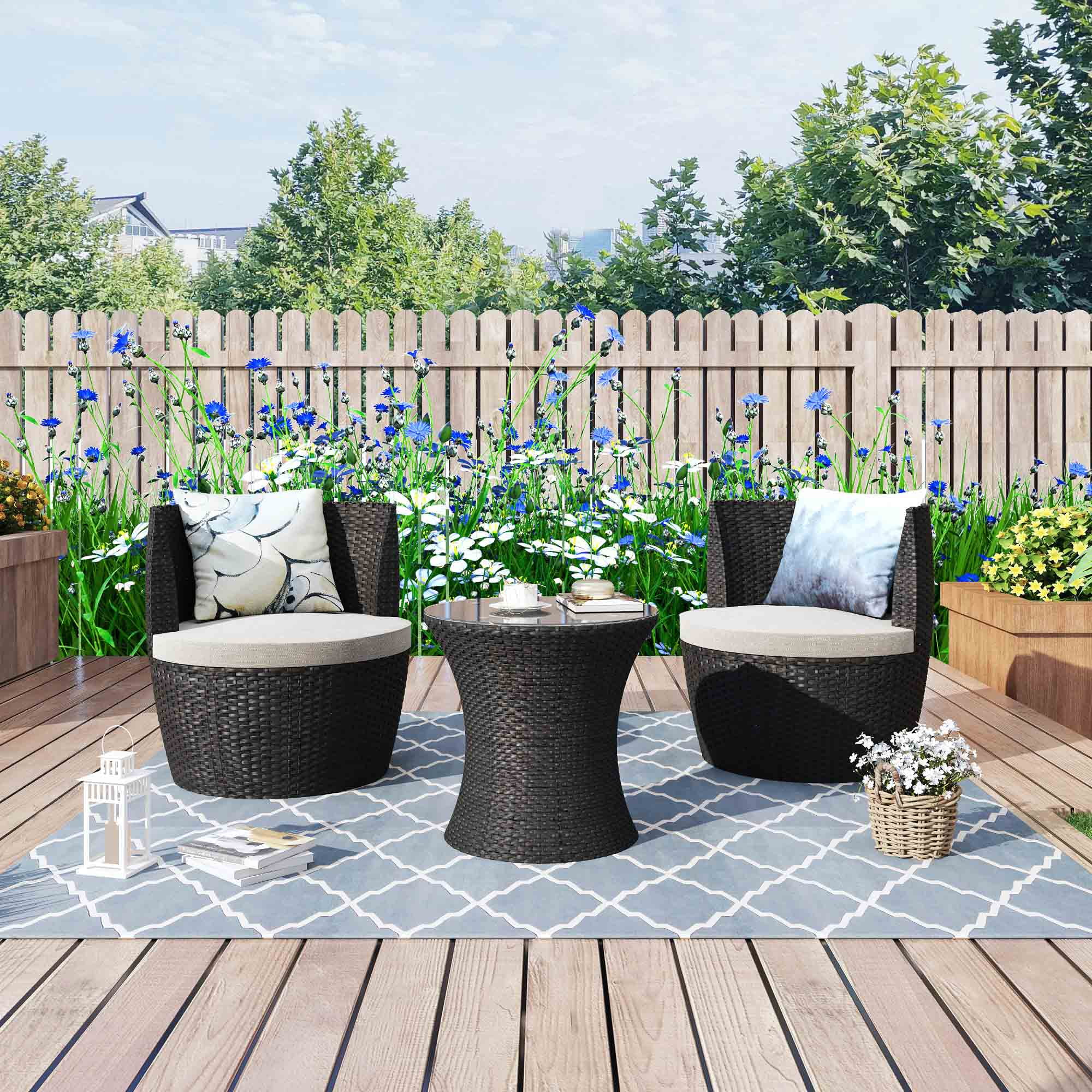 SUNTONE Patio Bistro Set 3 Piece Wicker Outdoor Furniture Set, Black