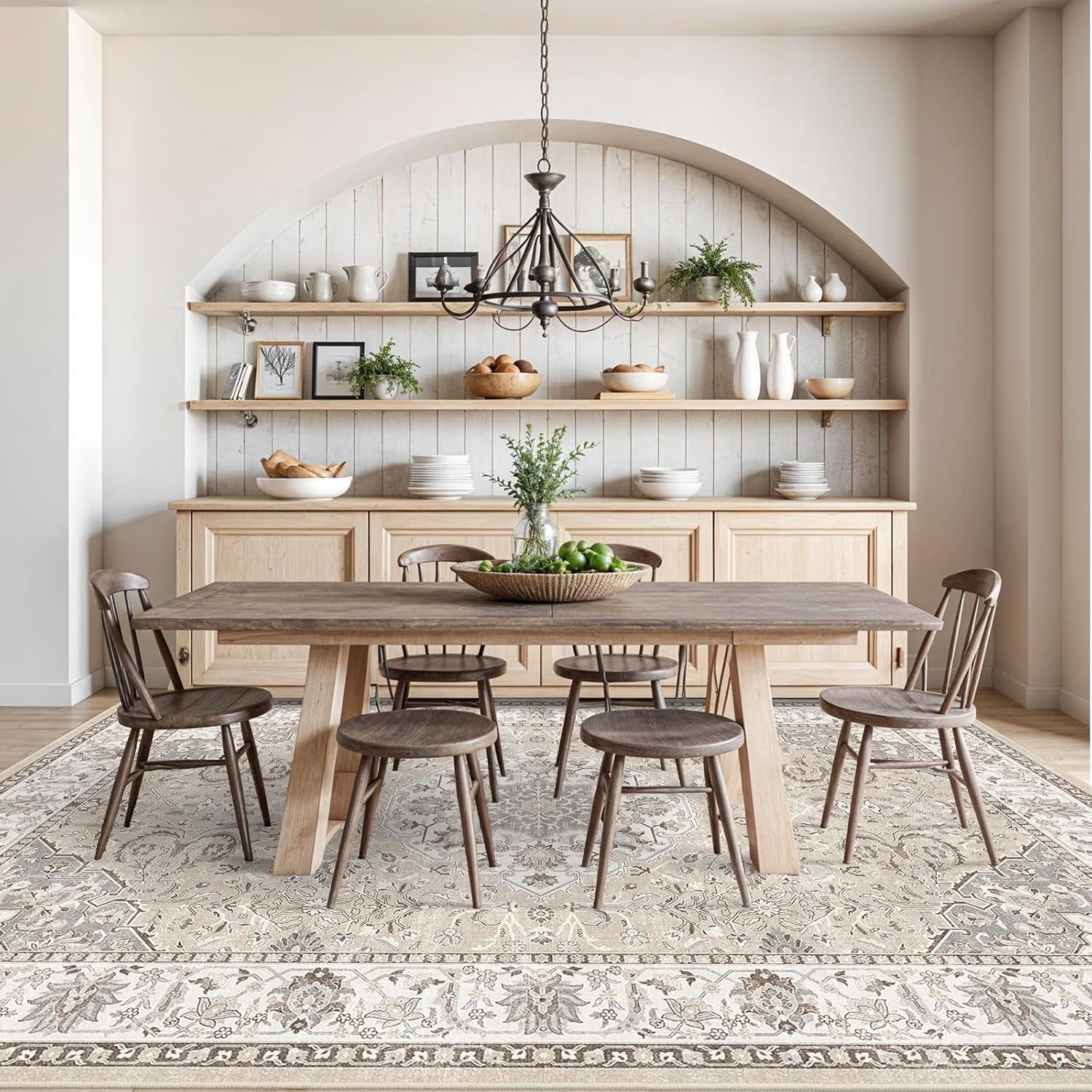 YOUFORTONG 10x14 Washable Vintage Area Rug, Large Low Pile Indoor Carpet for Living Room Bedroom, Soft Stain & Water Resistant, Non-Slip Backing Pet Friendly Home Decor Rug, Beige
