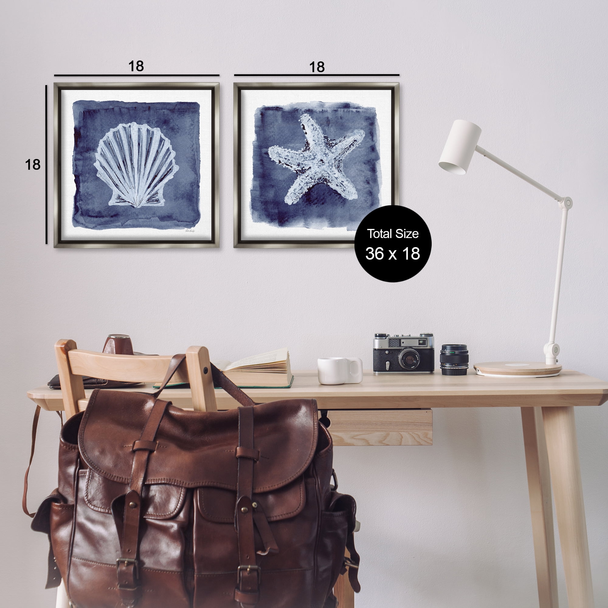 Stupell Industries Shell & Starfish Impressions Nautical & Beach Painting Gray Floater Framed Canvas Art Print Wall Art, 18 x 18, Set of 2