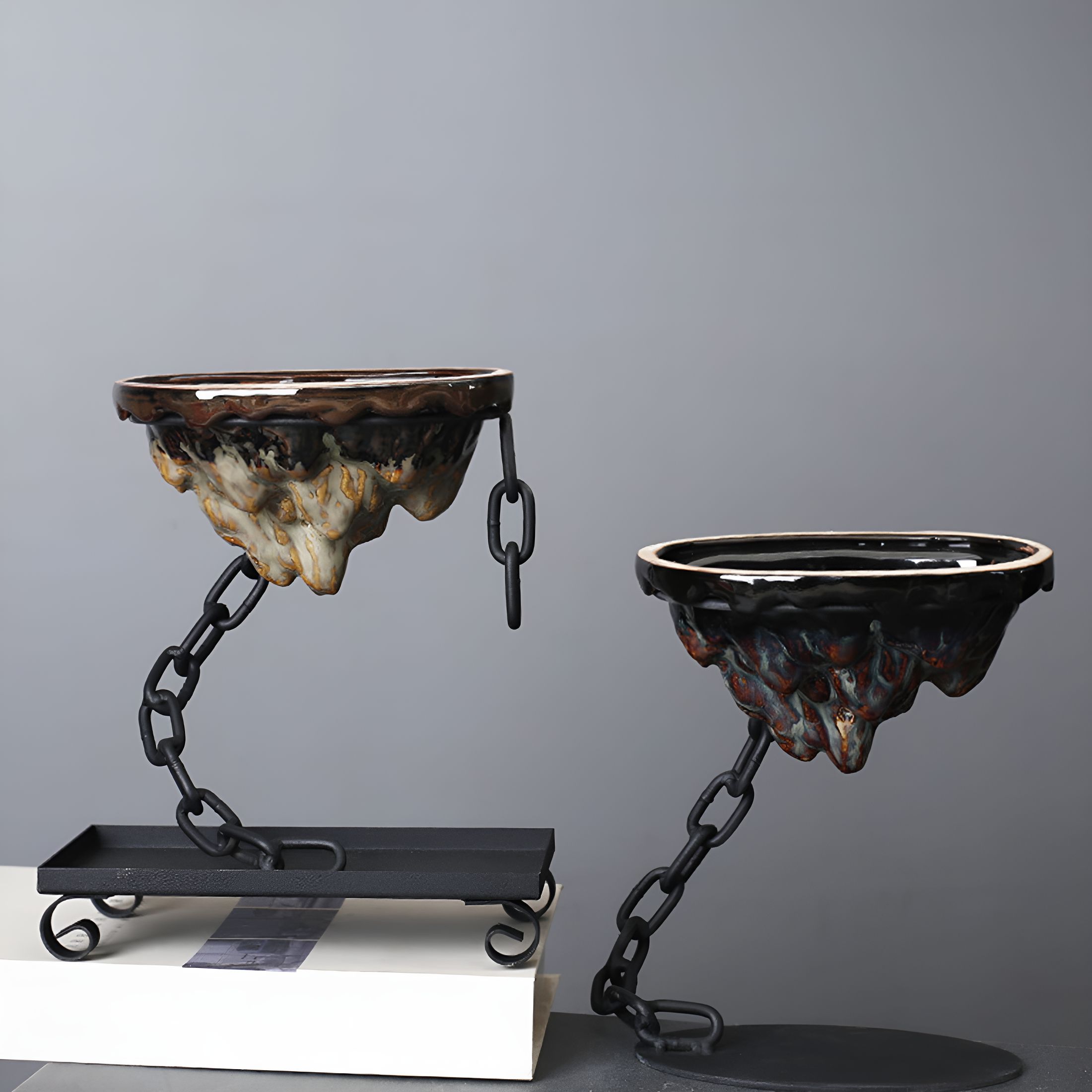 ACDANC Succulent Planter Pot Simulation Rockery Chain Suspension Hanging Type Ceramics Pot Ornament Iron Art Landscape Bonsai Planter Living Room Decoration Garden Supplies