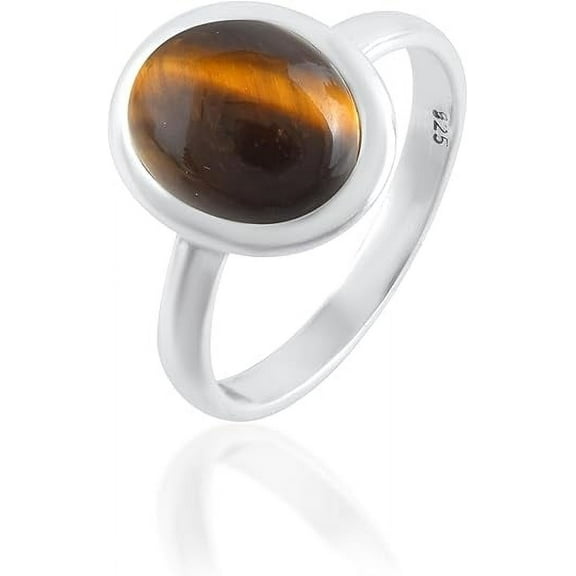 Sechi Tiger Eye Ring, 925 Sterling Silver, Oval Gemstone, Birthstone Jewelry, Size-10