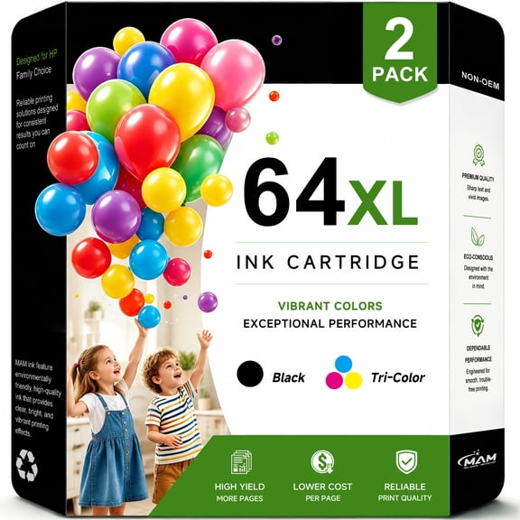 64XL Ink Cartridges Black/Color Combo Pack Compatible for 64 Ink Cartridge for Envy Photo 7855 7858 7155 7120 Printer (1 Black, 1 Color)