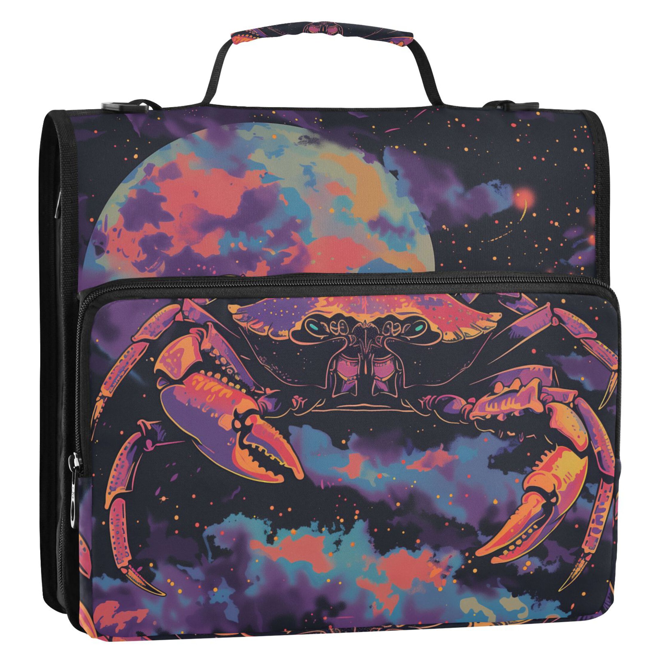 3 Ring Zipper Binder with Shoulder Strap Waterproof Trapper Keeper 2 Inch D-Ring 500 Sheets Capacity Crab in Space