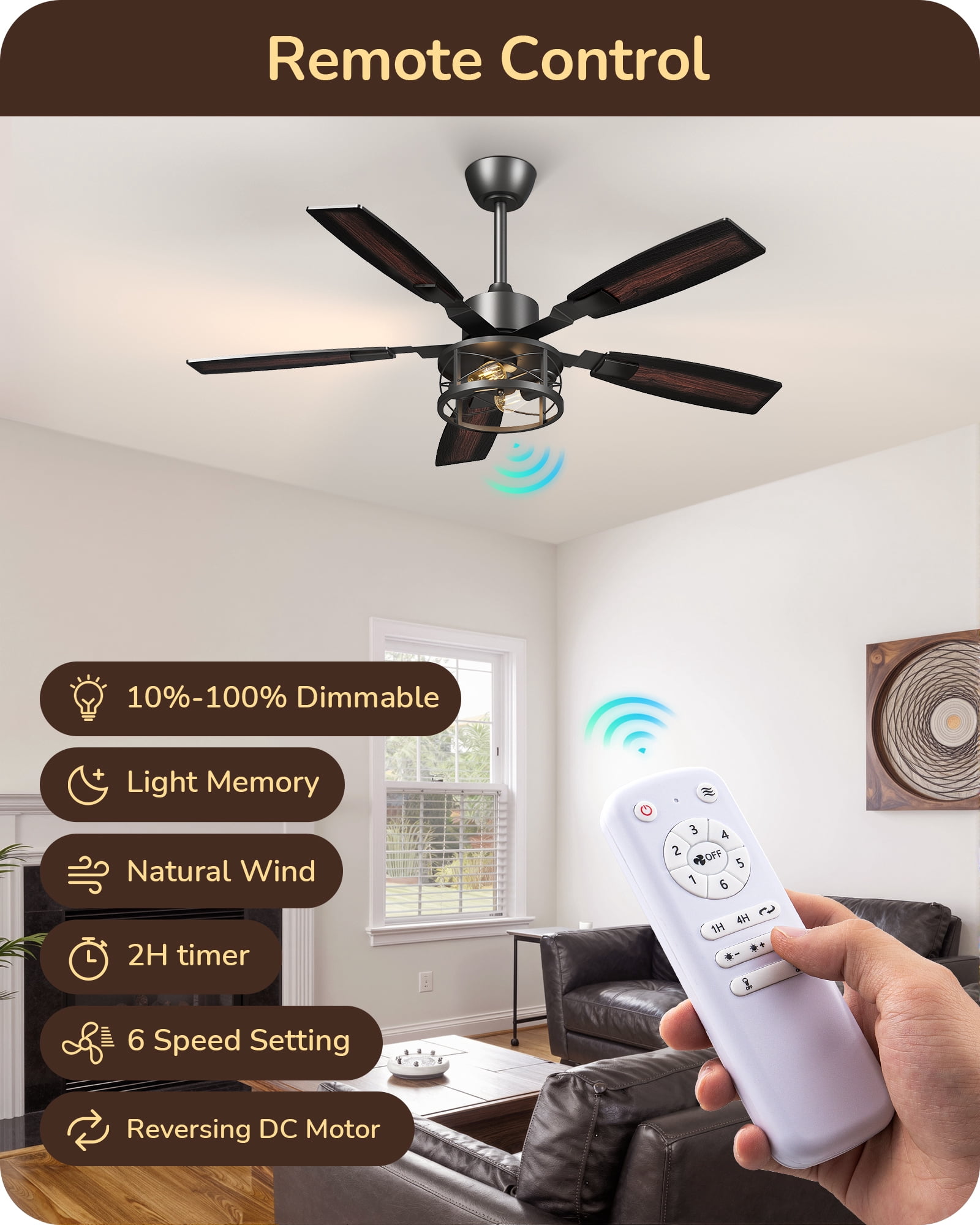 EDISHINE 52" Farmhouse Ceiling Fan with Light and Remote Control, Brown, 5 Wood Blades, Rustic Farmhouse Ceiling Fan with Light for Living Room, Bedroom, Wet Rated
