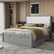 Euroco Wood Queen Platform Bed with Storage Headboard, Drawer and Shoe Cabinet for Living Room, Gray