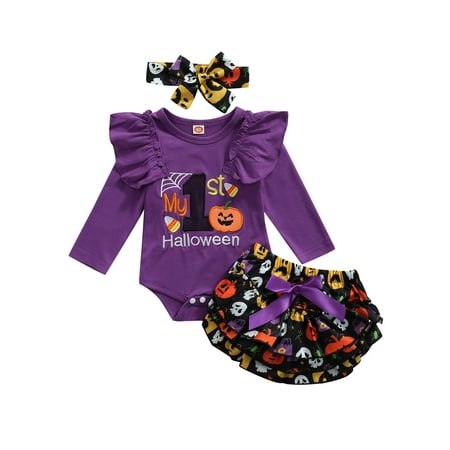 

Newborn Baby Girls My 1st Halloween Outfit Ruffle Long Sleeve Pumpkin Romper Top+Tutu Printed Skirt Shorts+Headband