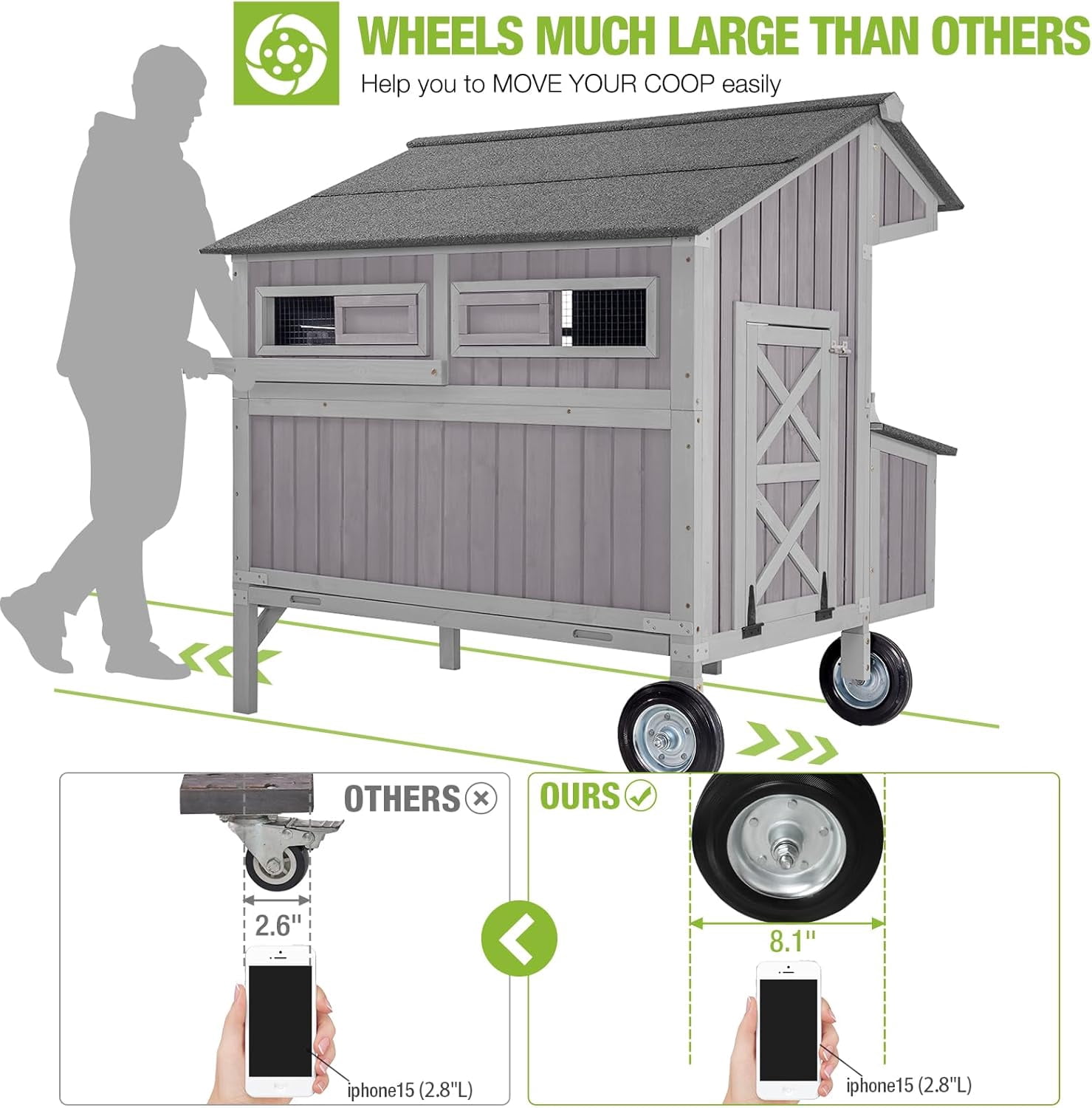 BUTINGLALE Chicken Coop Mobile Duck Coop with Super Large Wheels Durable Hen House 48.6" Outdoor Rabbit Hutch with Nesting Box for 3-6 Chickens