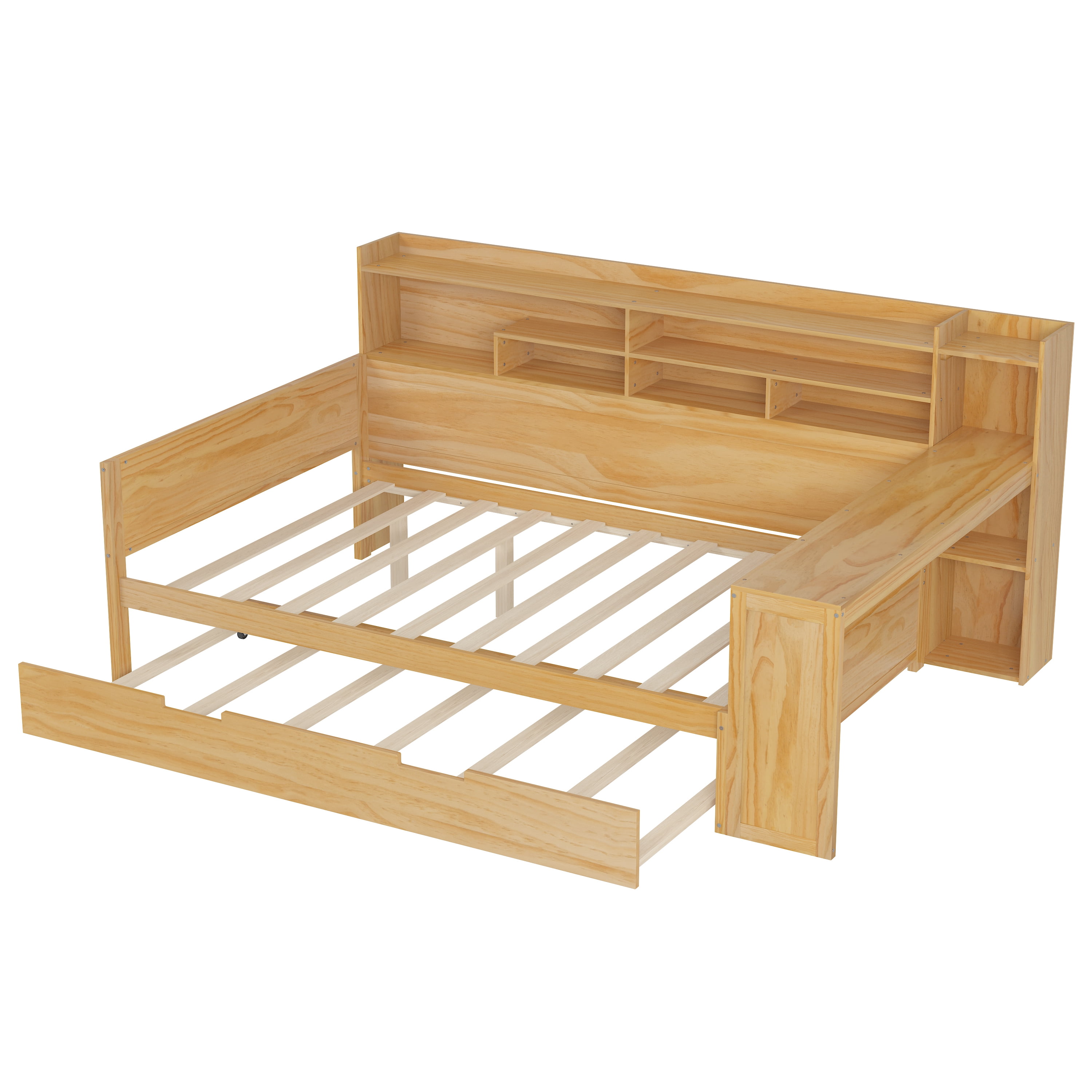 Euroco Wood Full Size Daybed with Trundle, Storage Captain Bed with Desk and Shelves, Natural