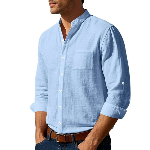 Mawalde Men Cotton Linen Shirt Long Sleeve Collarless Casual Button Down Shirt Breathable Beach Tops Light Blue L