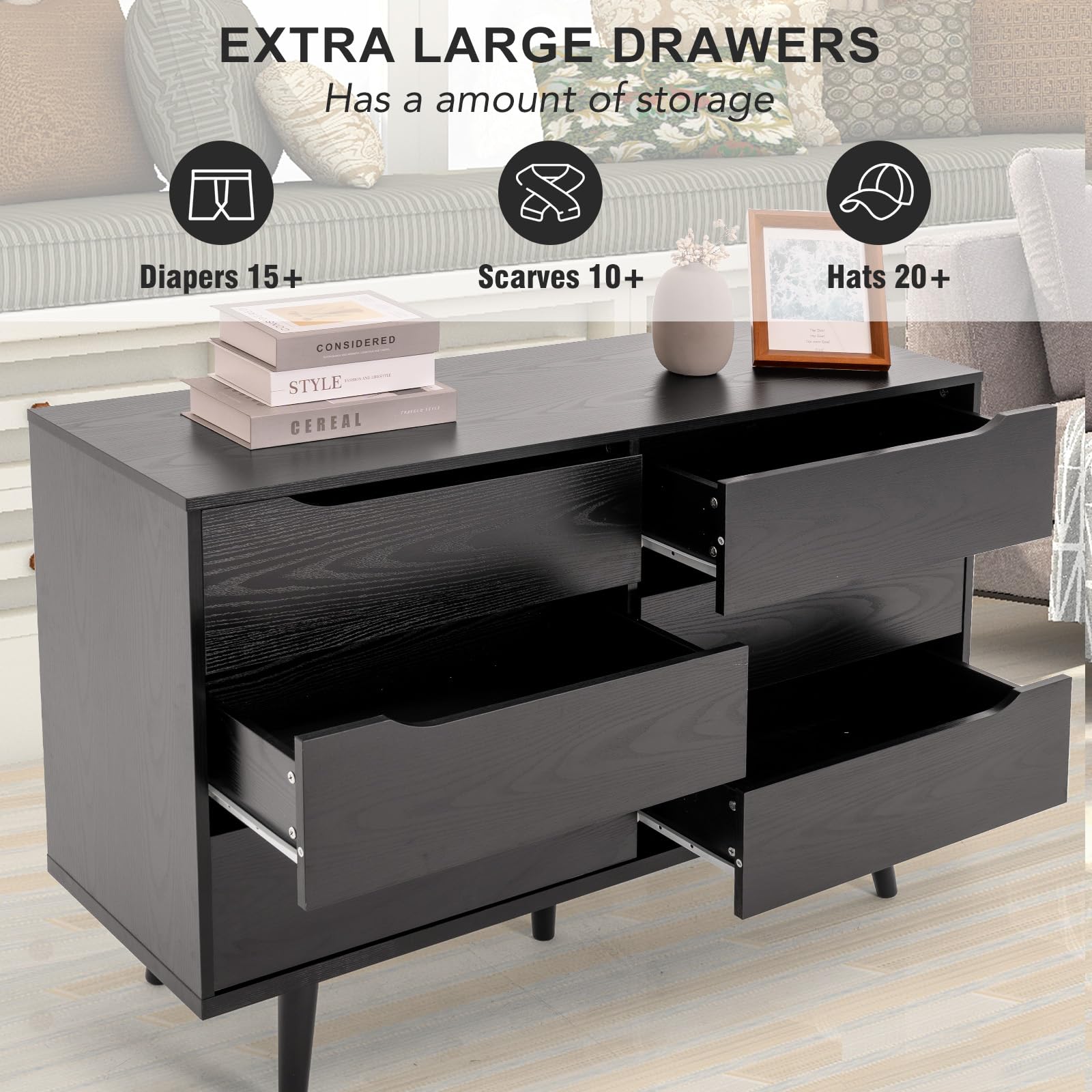 HARBOURSIDE 6-Drawer Dresser, Modern Mid-Century Chest for Bedroom, Living Room, Black