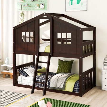 House Bunk Bed Twin Over Twin  Low Bunk Bed Frame with Roof  Window  Guardrail  Ladder  Solid Wood Bunk Bed with Storage Drawers for Kids  Teens  Girls & Boys Bedroom Furniture (Espresso)