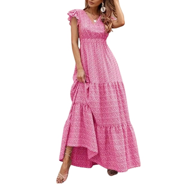 VISgogo Vestido largo de playa de verano para mujer, manga con volantes, cuello en V, bohemio, floral, línea A VISgogo moda