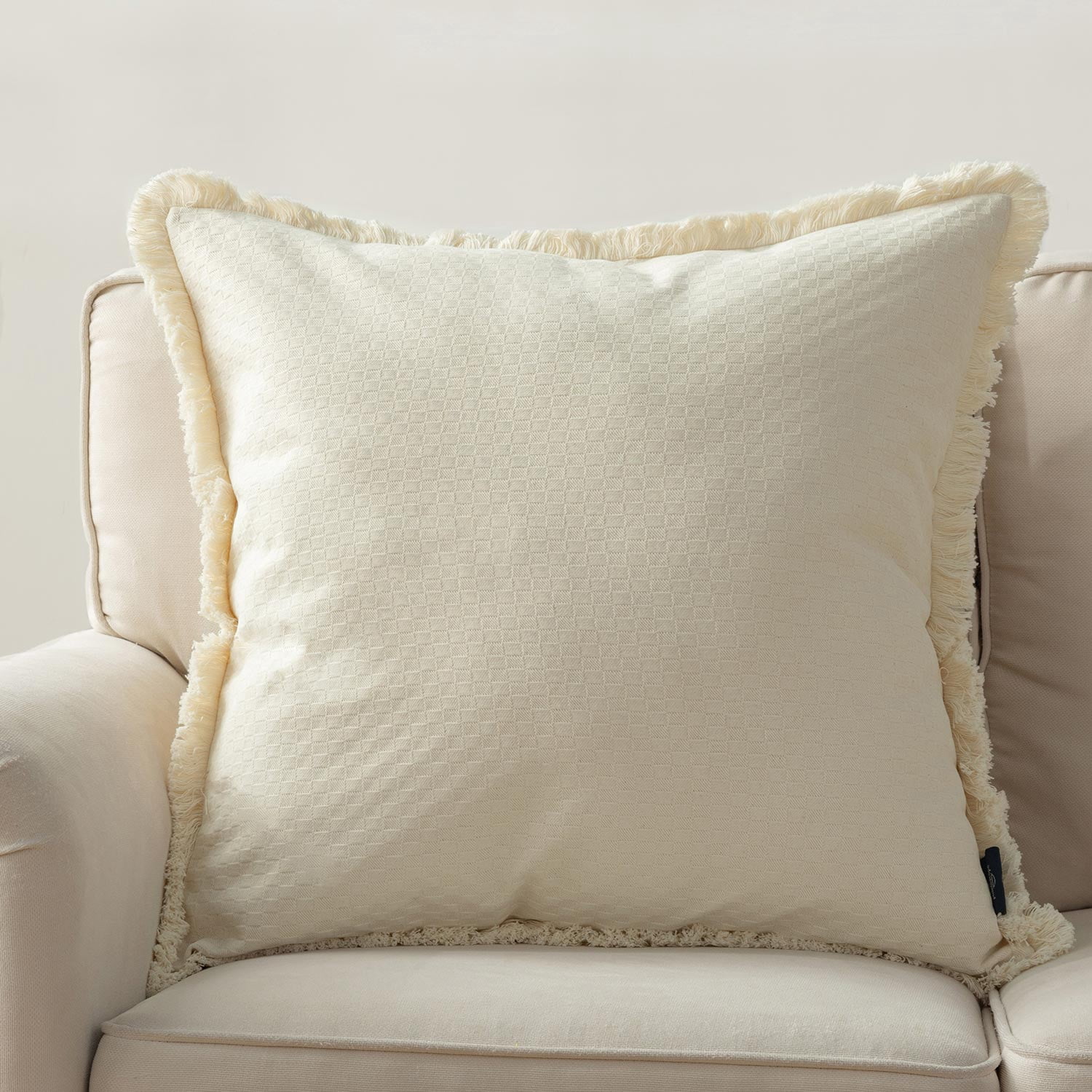Phantoscope Fringe Trim Textured Woven Decorative Throw Pillow with Insert, Boho Checker Pattern, Cream, 20 x 20 in, 1 Pack