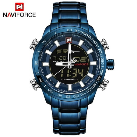 NAVIFORCE Luxury Dual Display Digital Quartz Men Watch Stainless Steel Luminous Sports Watch Chronograph Water-Proof Man Clock + Gift