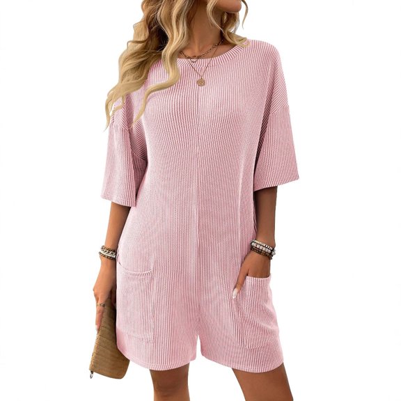 WQQZJJ Summer Jumpsuit Clearance Women Fashion Solid Color Jumpsuit Round-neck Short Sleeve Pockets Short Jumpsuit