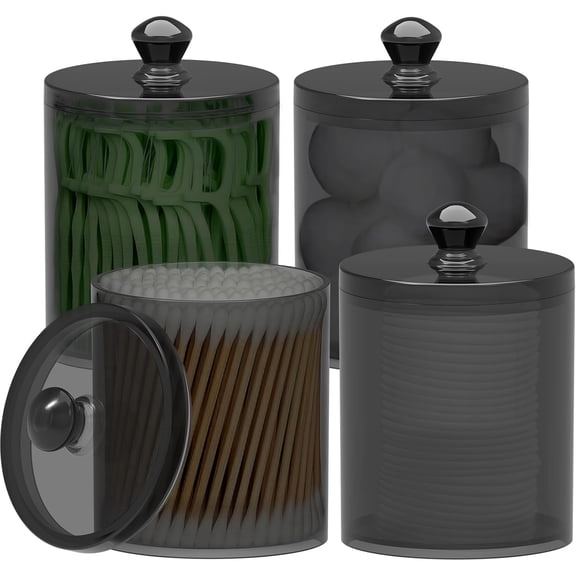 Small Storage Organizer 4 Pack, Acrylic Makeup Organizers for Vanity, Clear Bathroom Vanity Organizer 10oz Q tip Holder, Bathroom Organizers and Storage Set (Black)