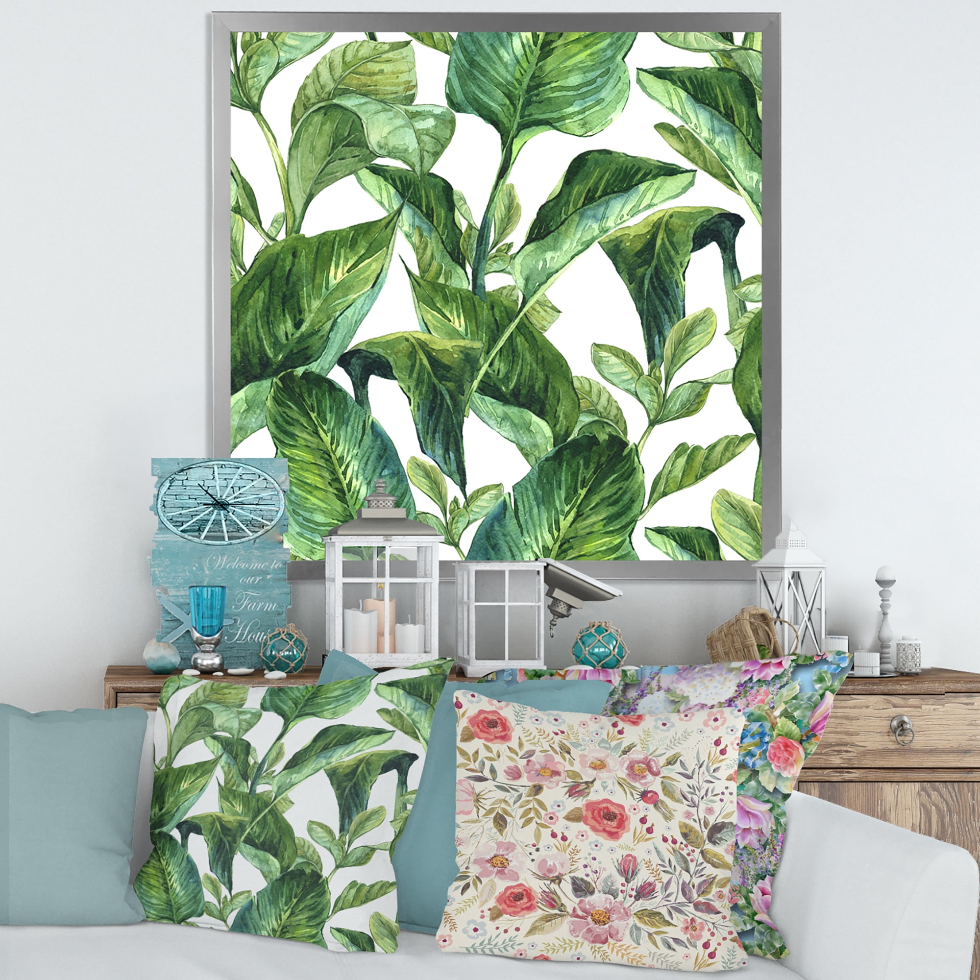 Designart 'Foliage Of Tropical Leaves On White' Tropical Framed Art Print