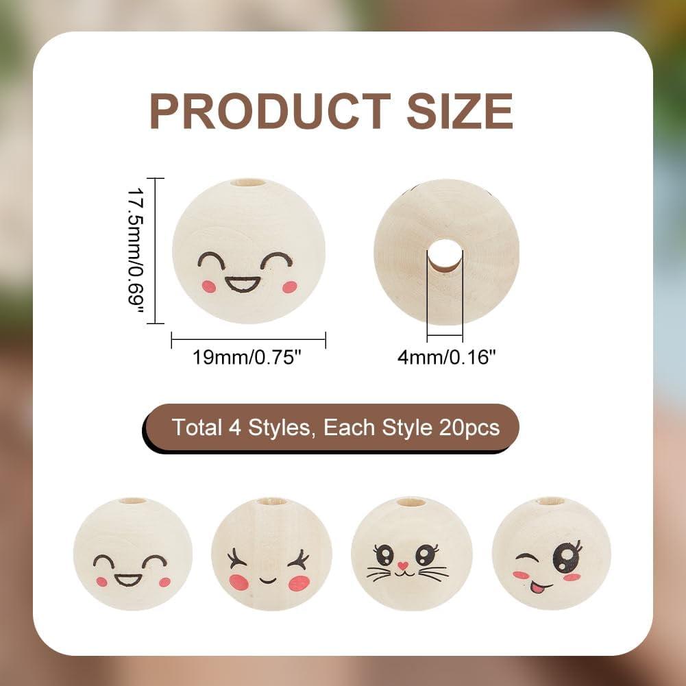 80Pcs 4 Styles Spacer Wood Smile Beads 17.5mm Wooden Beads Laughing Natural Face Print Round Beads for Animal Model Head Bracelet Necklace Jewelry Macrame Hair Crafts 4mm Hole